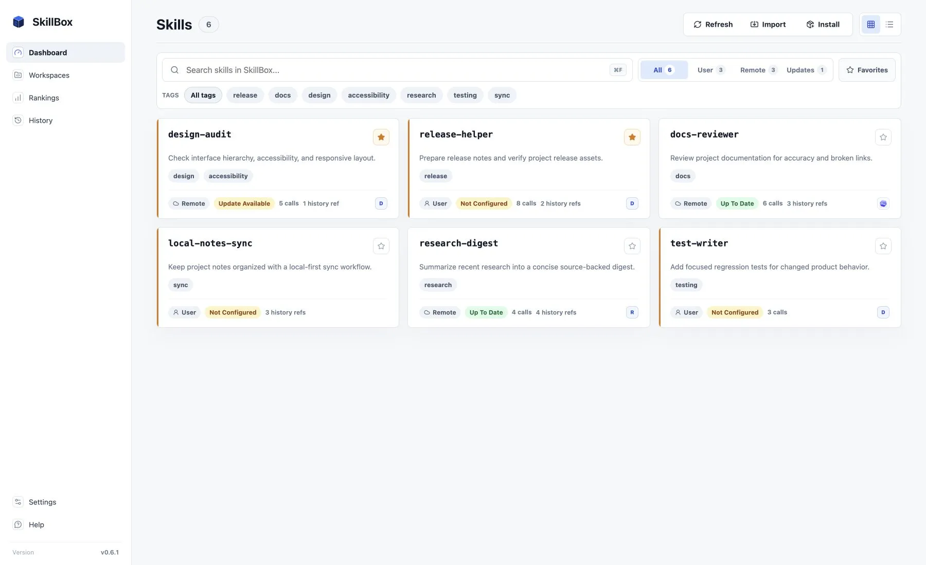 SkillBox dashboard showing locally managed agent skills
